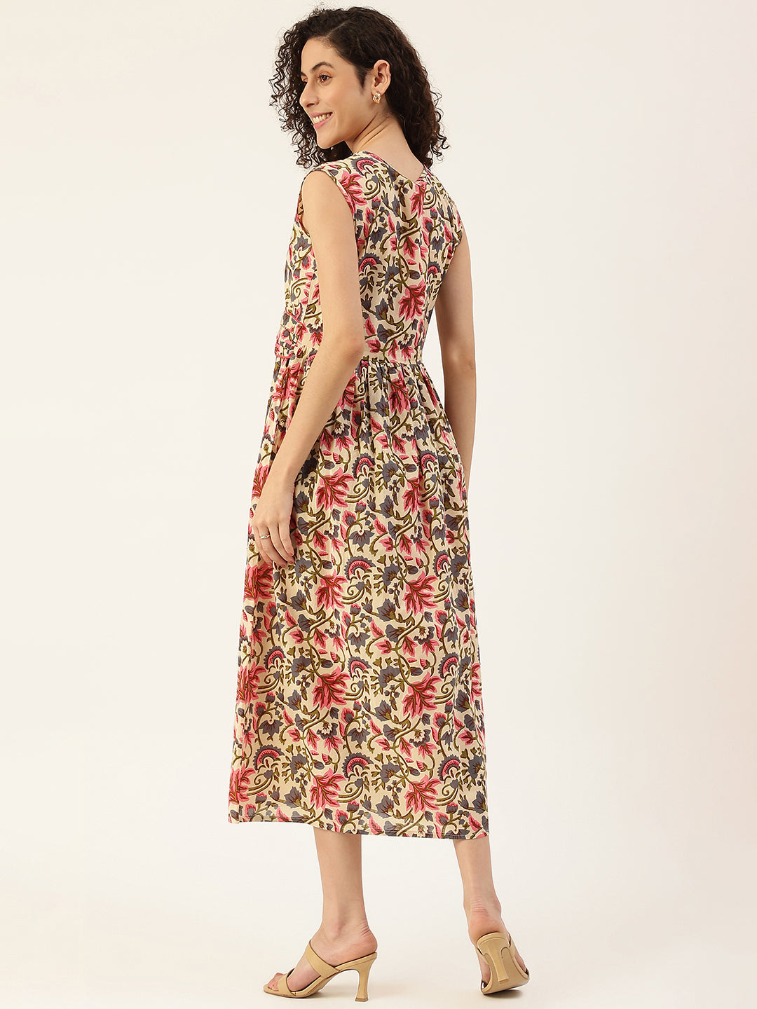 Women's Beige Printed Cowl Belt Cotton Dress
