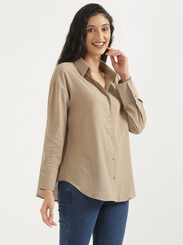 Women's Airy Linen Textured Casual Oversize Nude Brown Shirt