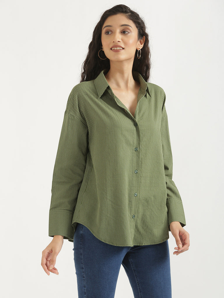 Women's Airy Linen Textured Casual Oversize Olive Shirt