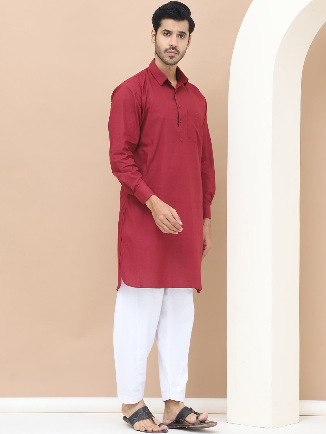 Men's  Maroon Cotton Solid Kurta Set - Grage