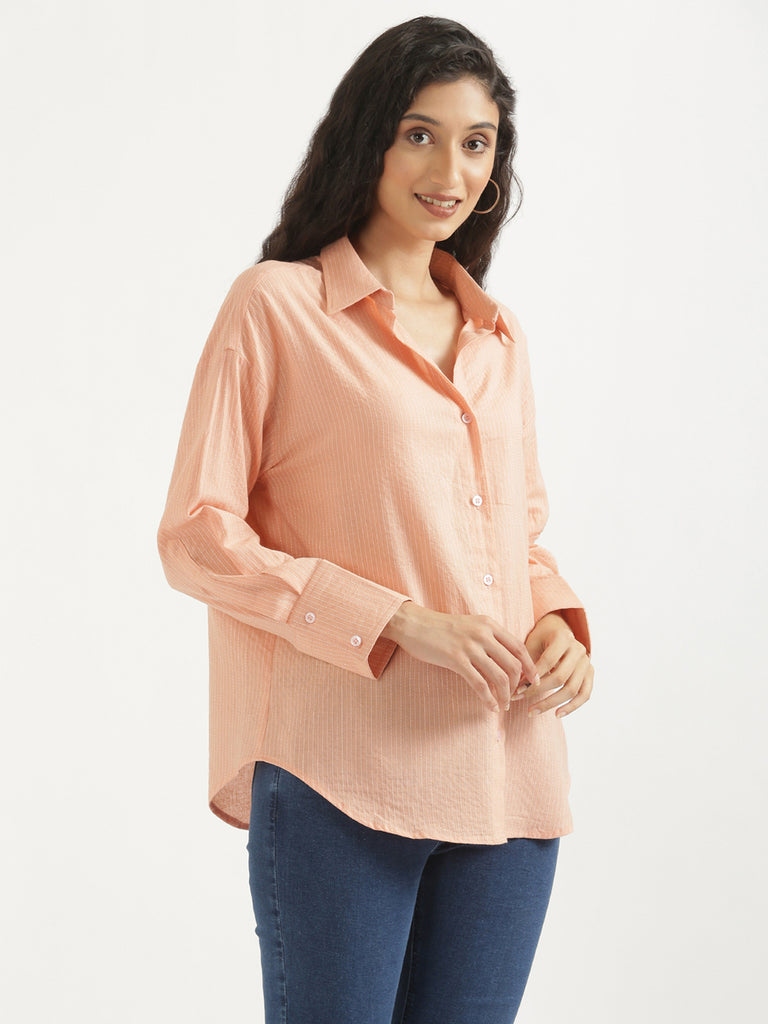 Women's Airy Linen Textured Casual Oversize Peach Shirt