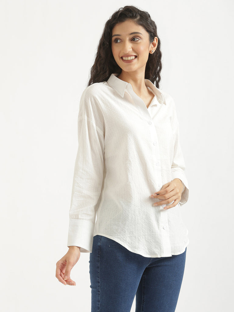 Women's Airy Linen Textured Casual Oversize White Shirt