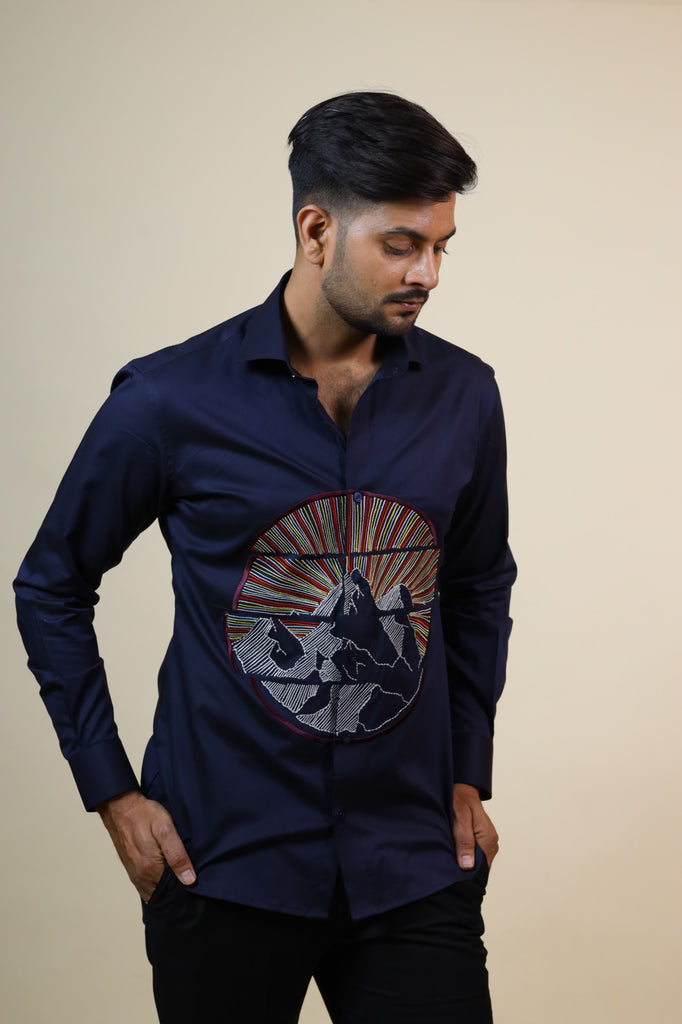 Men's Navy Color Keitha Designer Mountain Embroidered Shirt Full Sleeves Casual Shirt