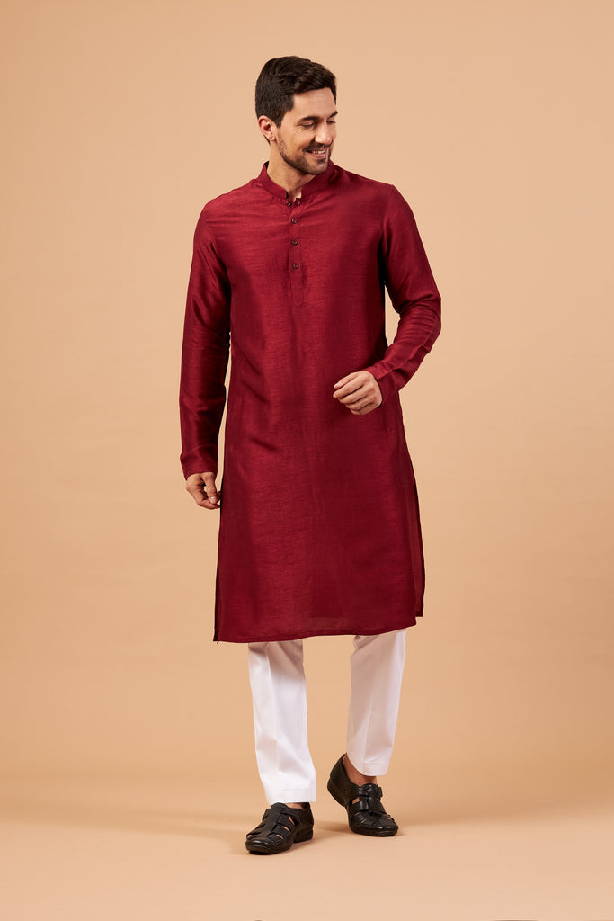 Men's Maroon Color Plain Kurta Falling Raw Silk