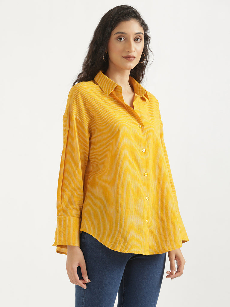 Women's Airy Linen Textured Casual Oversize Yellow Shirt