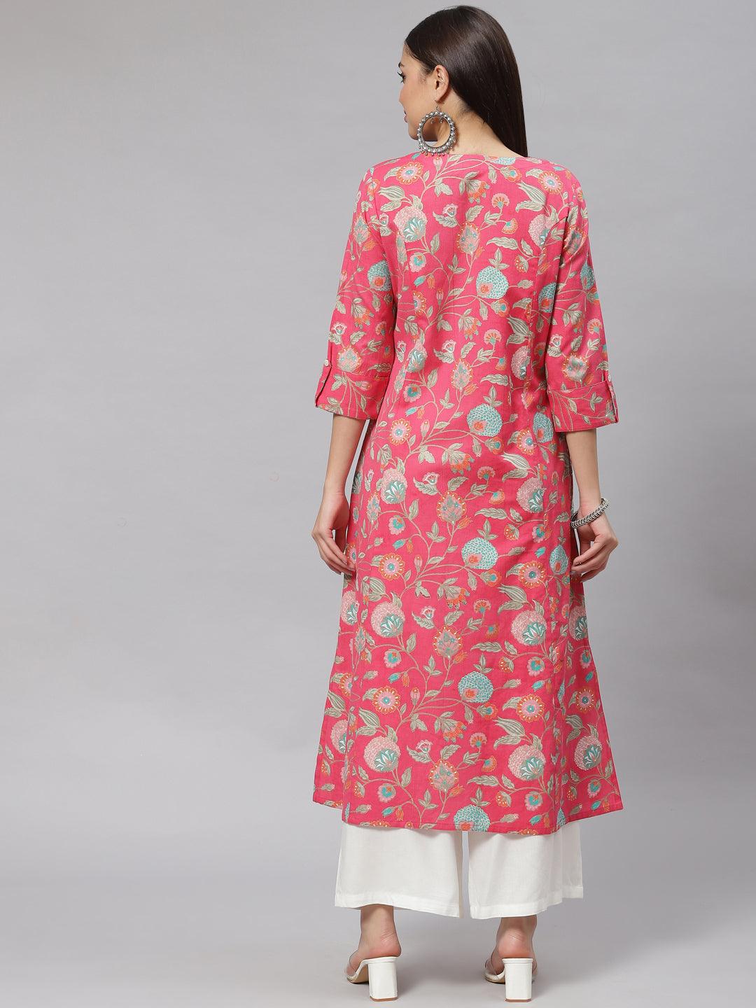 Women's Pink Floral Cotton Flex A-line Kurta - Taantav