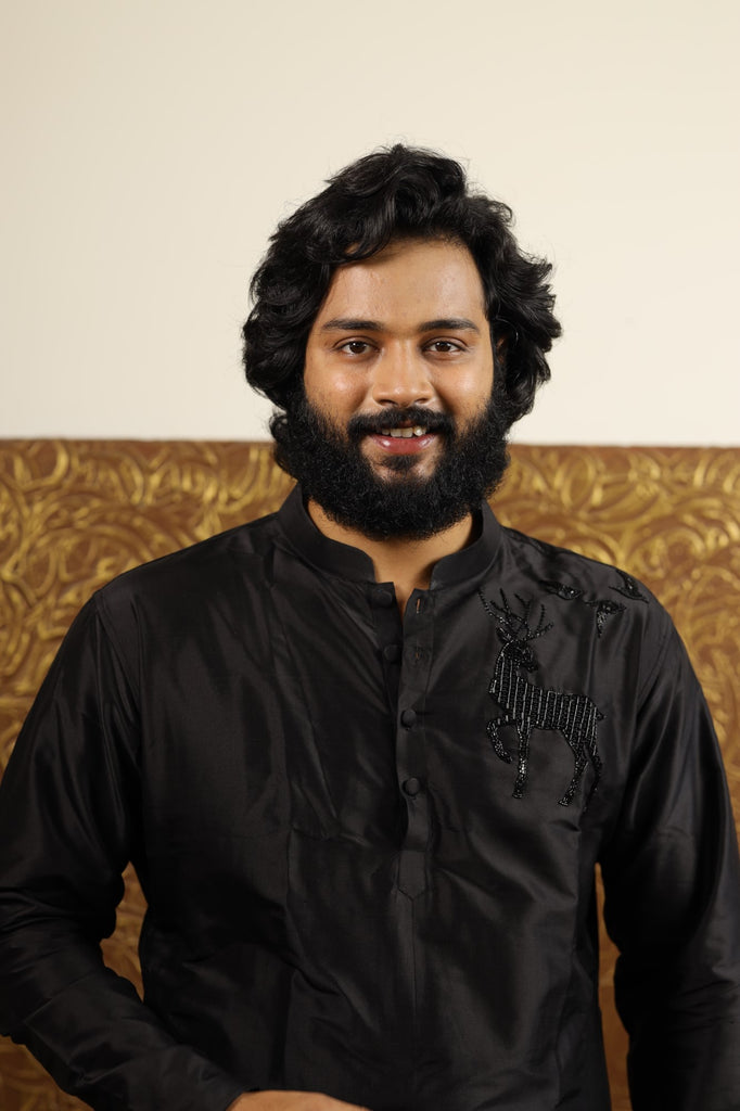 Men's Black Color Solid Black Reindeer Embroidered Kurta Dupion Silk