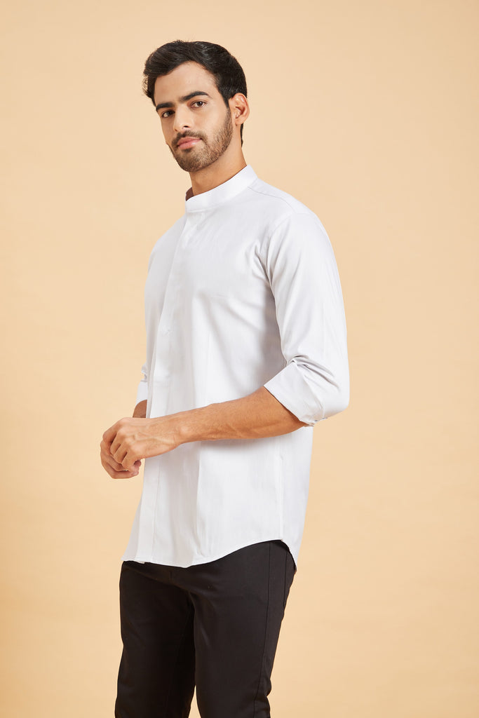 Men's Grey Color Jejune Chinese Collar Shirt Full Sleeves Casual Shirt
