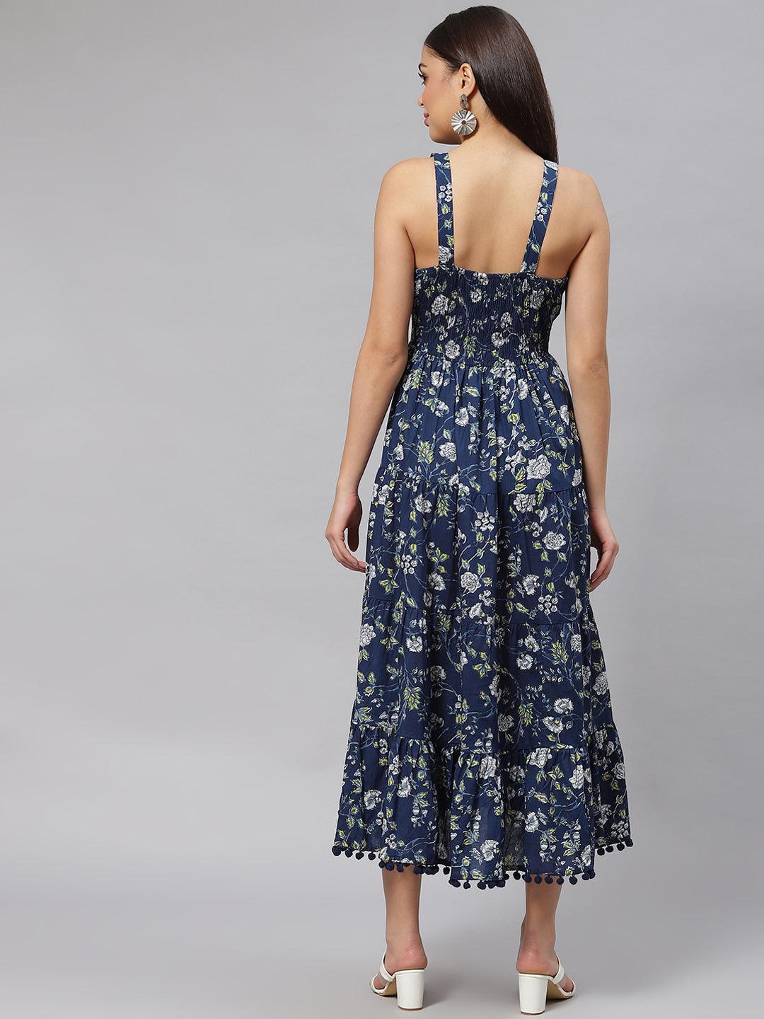 Women's Blue Floral Shoulder Strip Long Dress - Taantav