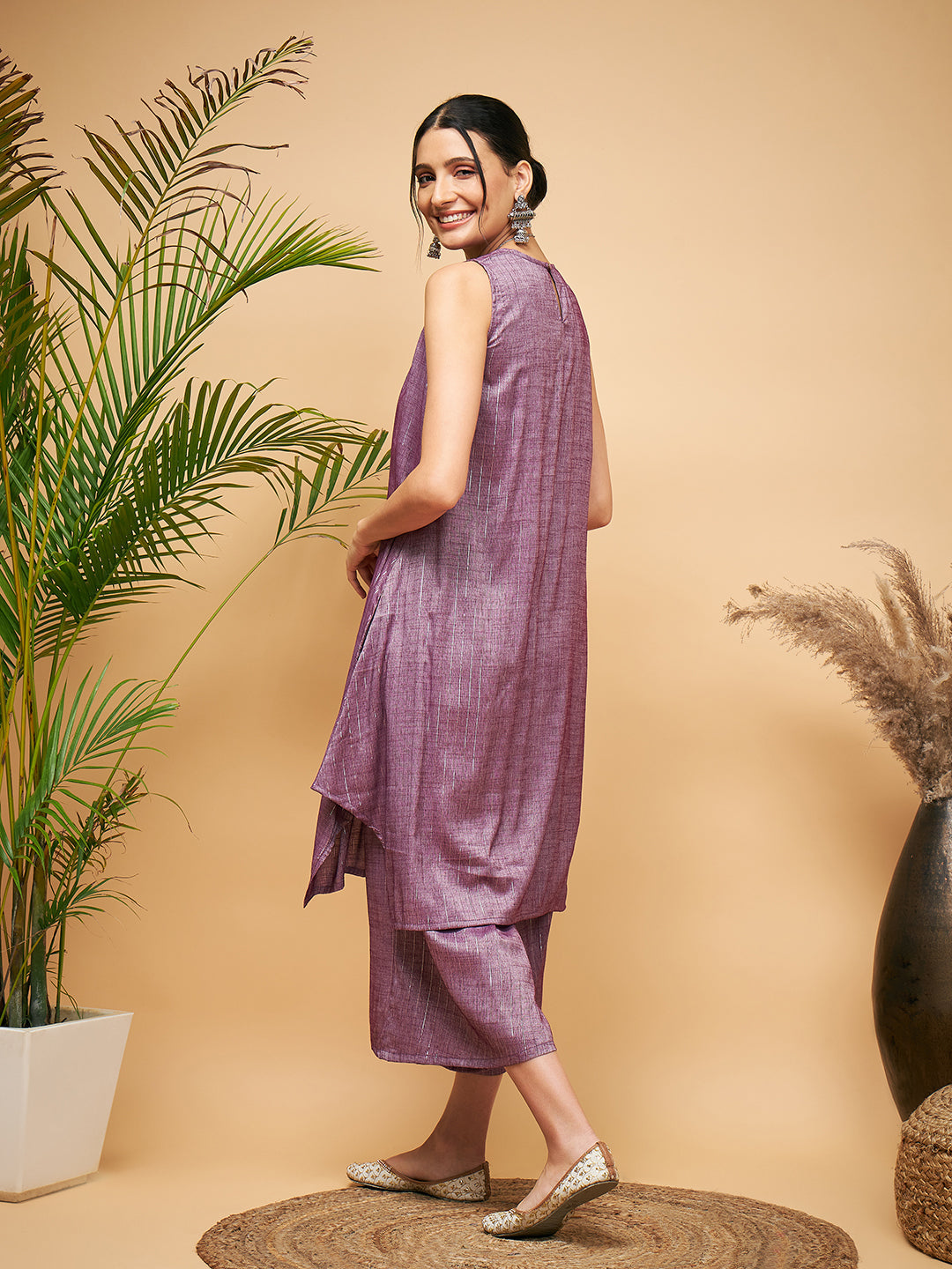 Women's Mauve Lurex Short Pallazo Kurta Set - InWeave