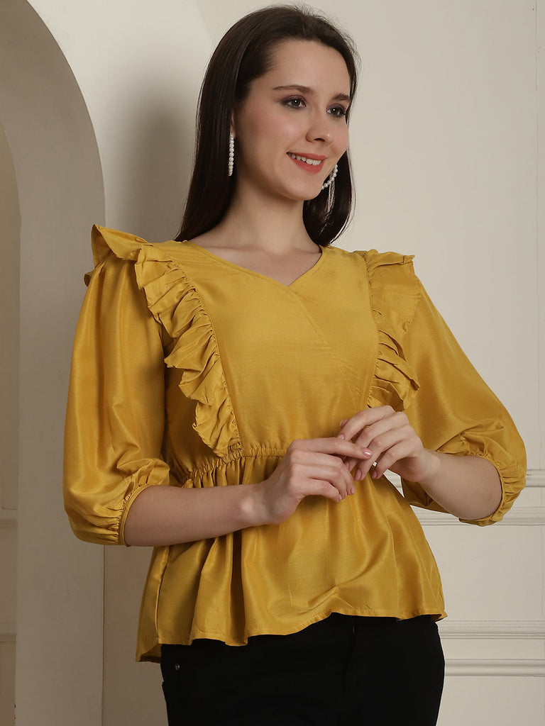 Women's Black Solid Women's Top With Frills