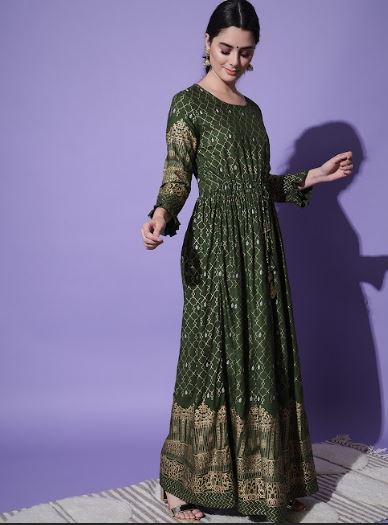 Women's H & N Ethnic Motif Printed Green Anarkali Kurta  - Aayumi