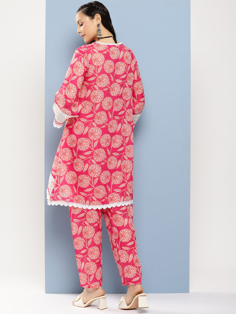 Women's Pink Floral Print A- Line Kurta With Lace Detailing & Pink Floral Print Trousers