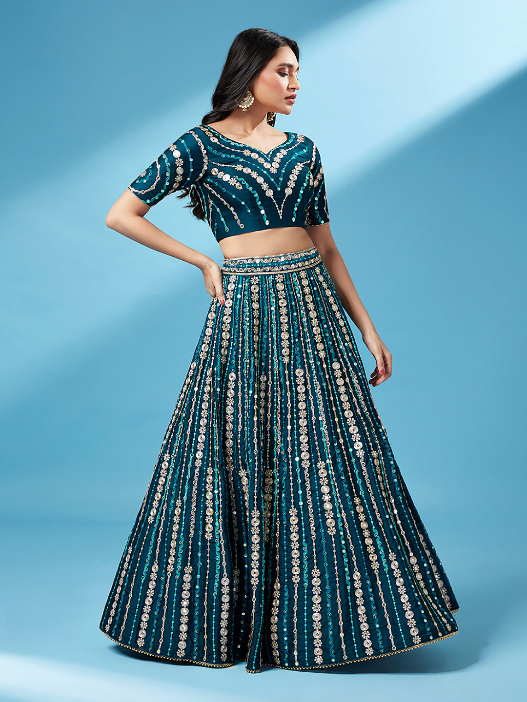 Women's Teal Pure Georgette Sequinse Work Lehenga & Unstitched Blouse With Dupatta - Royal Dwells