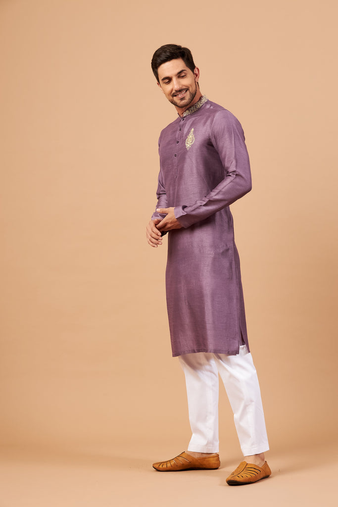Men's Purple Color Inara Gold Embroidered Kurta Semi Raw Silk Mix