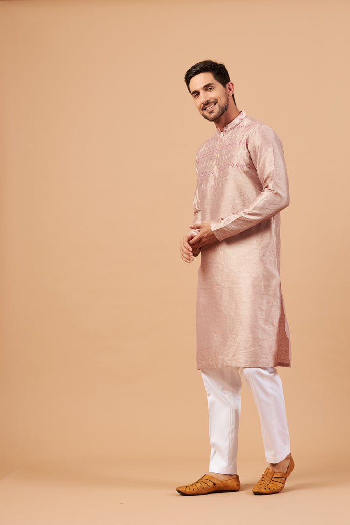Men's Beige Brown Color Florne Floral Geometric Embroidered Kurta Semi Raw Silk Mix