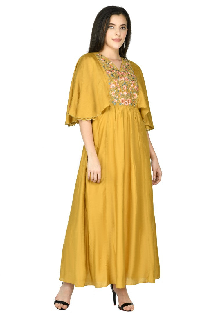 Women's Mustard Chanderi Embroidery Gown - Joban Fashion