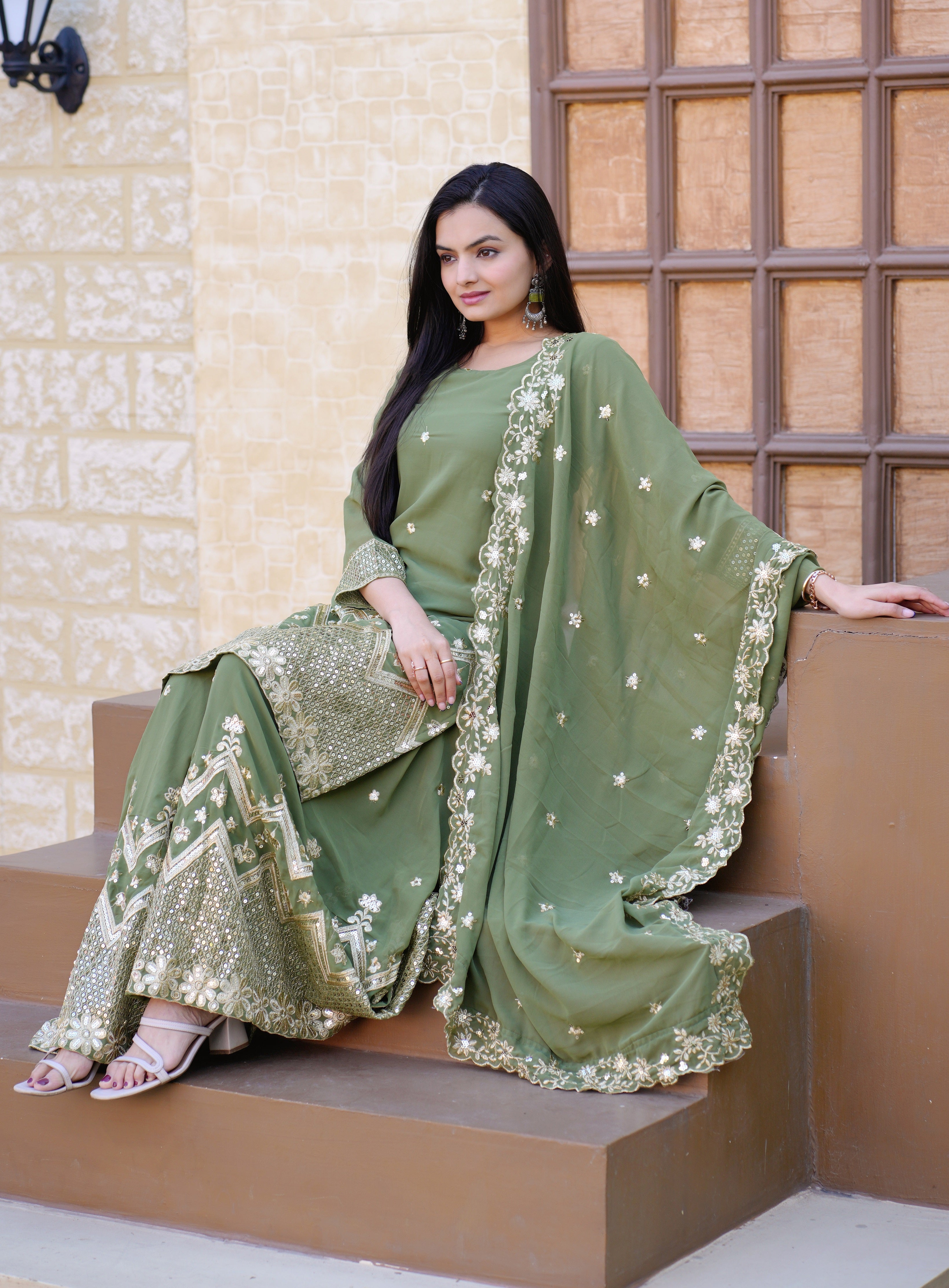 Women's Pista Georgette Embroidery Sharara Set - Harvi Trendz