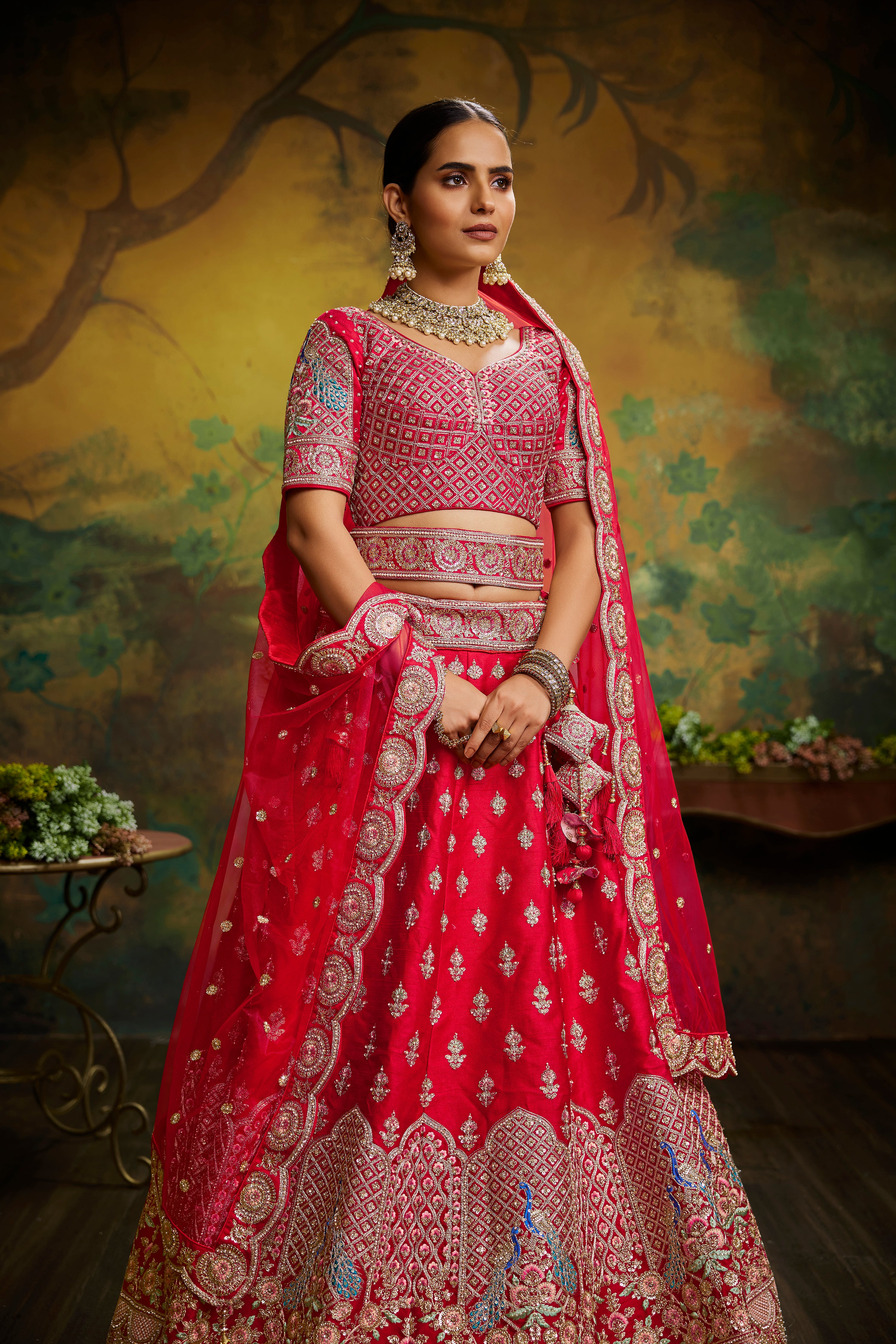 Women 's Red Pure Silk Moti & Zarkan heavy embroidery Ready to Wear Lehenga choli & Dupatta - Royal Dwells