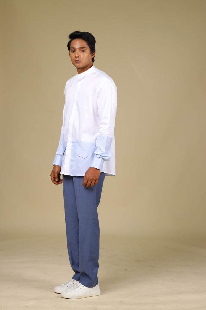 Men's White & Light Blue Color Light Sinum Shirt Full Sleeves Casual Shirt