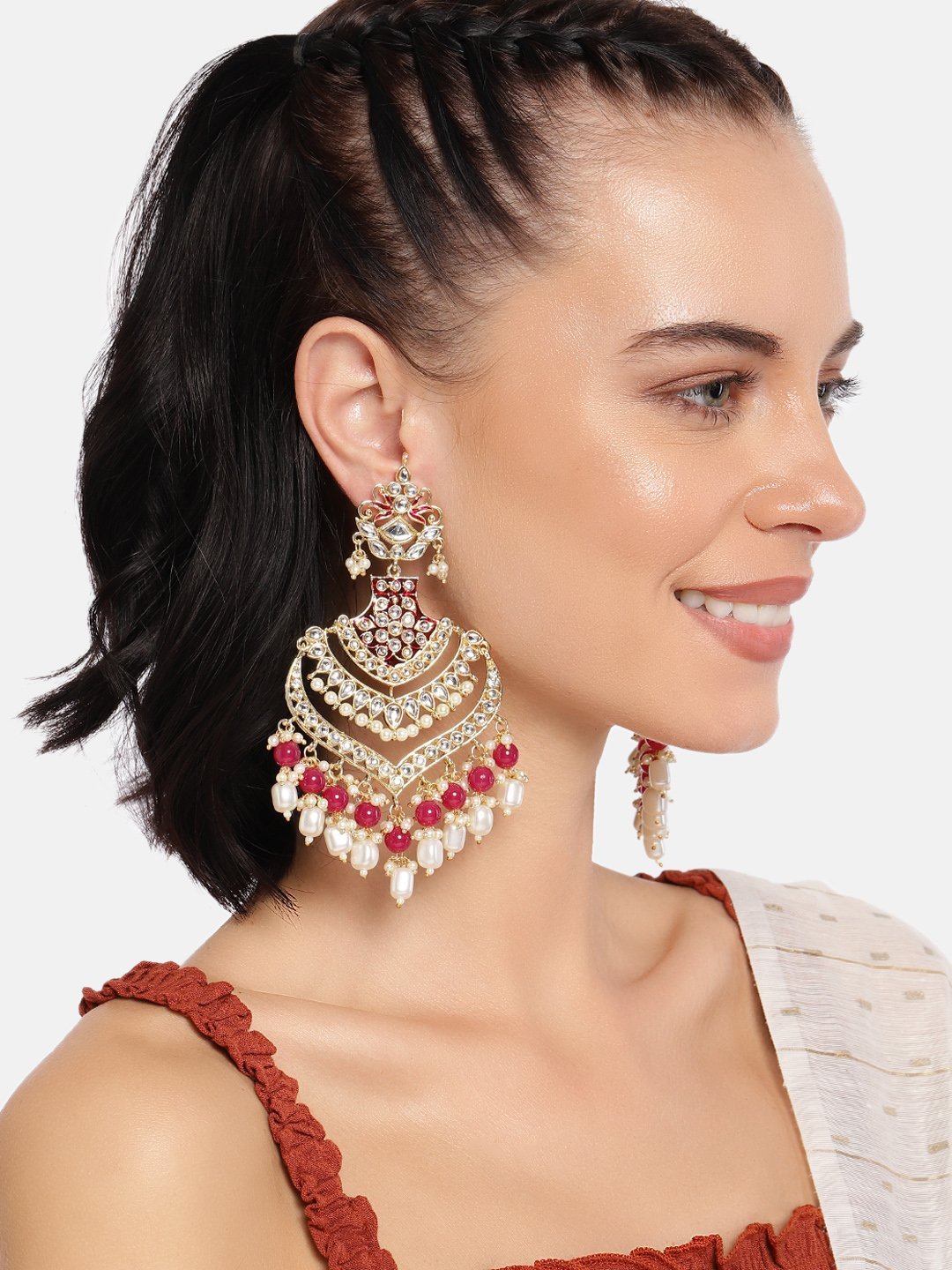 Women's  Maroon Gold Plated Enamel Glided With Kundans & Pearls Long Earrings
