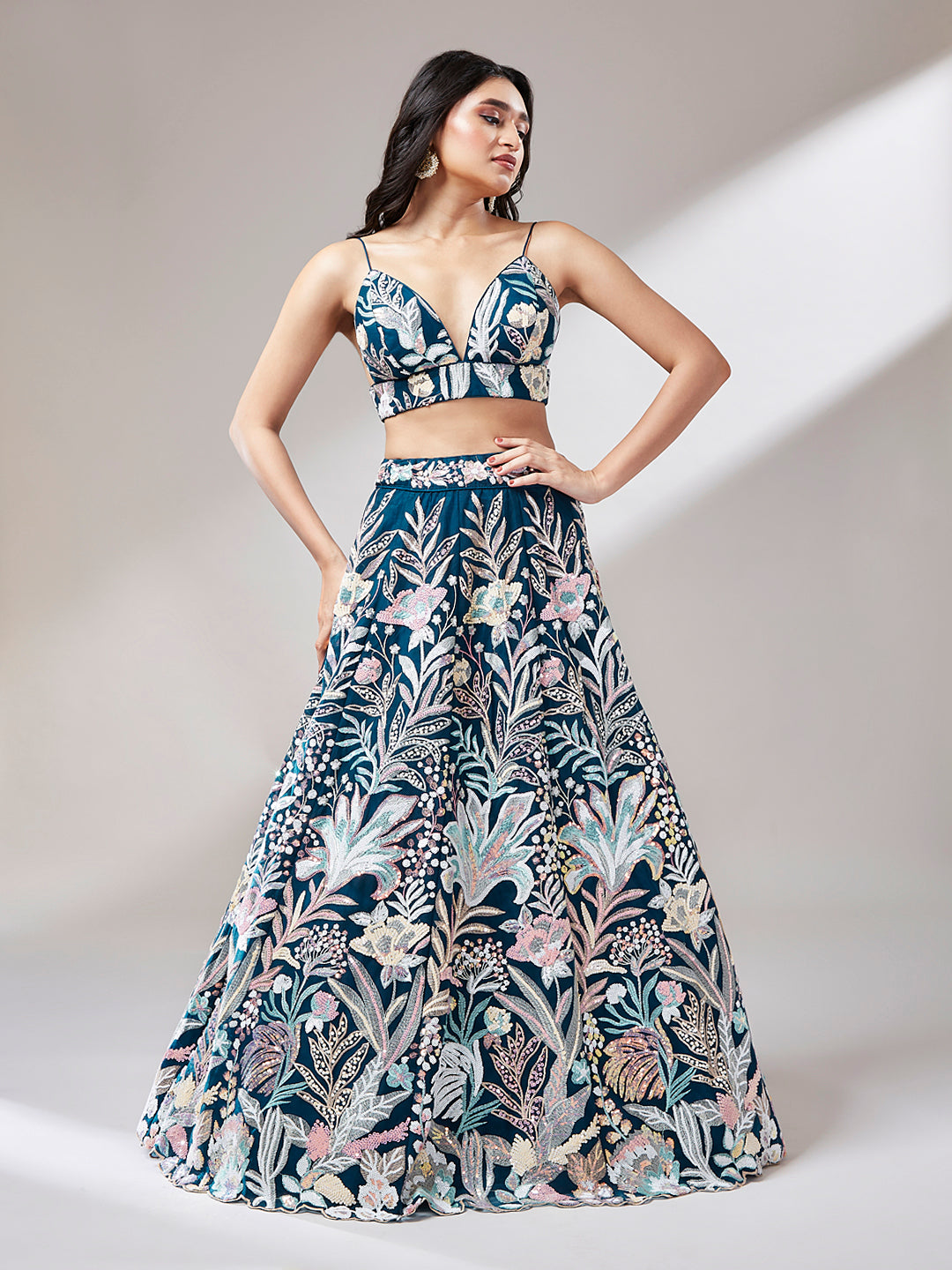 Women 's Navy blue Net Sequinse Work Ready to Wear Lehenga & stitched Blouse with Dupatta - Royal Dwells
