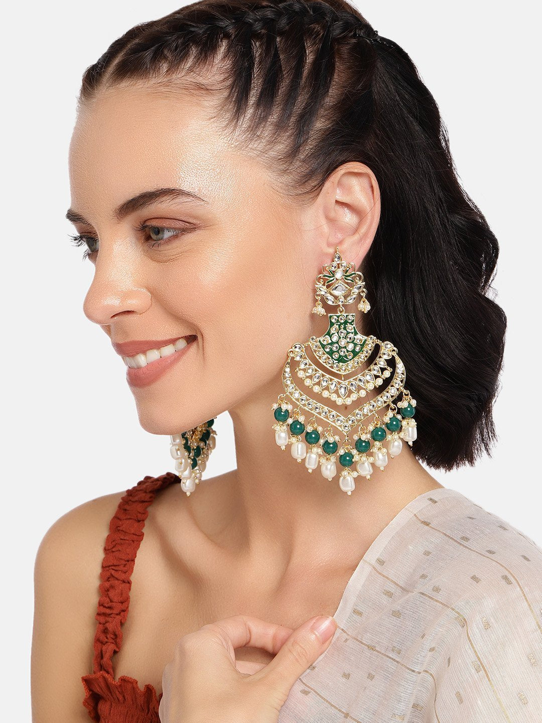 Women Golden and Green Kundan and Beads Earrings by I Jewels