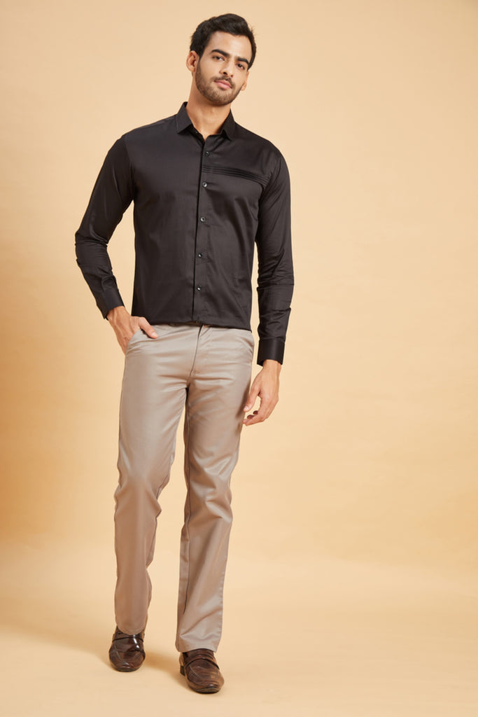 Men's Black Color Ragic Pintuck Shirt Full Sleeves Casual Shirt