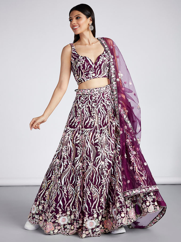Women's Burgundy Net Sequins And Thread Embroidery Lehenga Choli & Dupatta