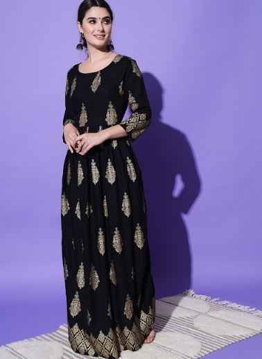 Women's H & N Golden Print Black Anarkali Kurta