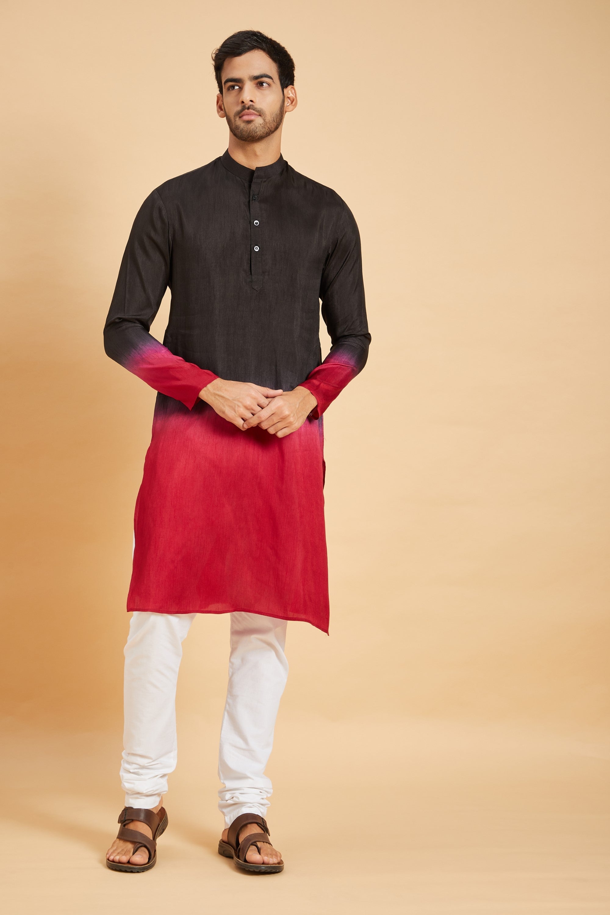 Men's Red Color Pattern Ombre Kurta Without Slit Silk