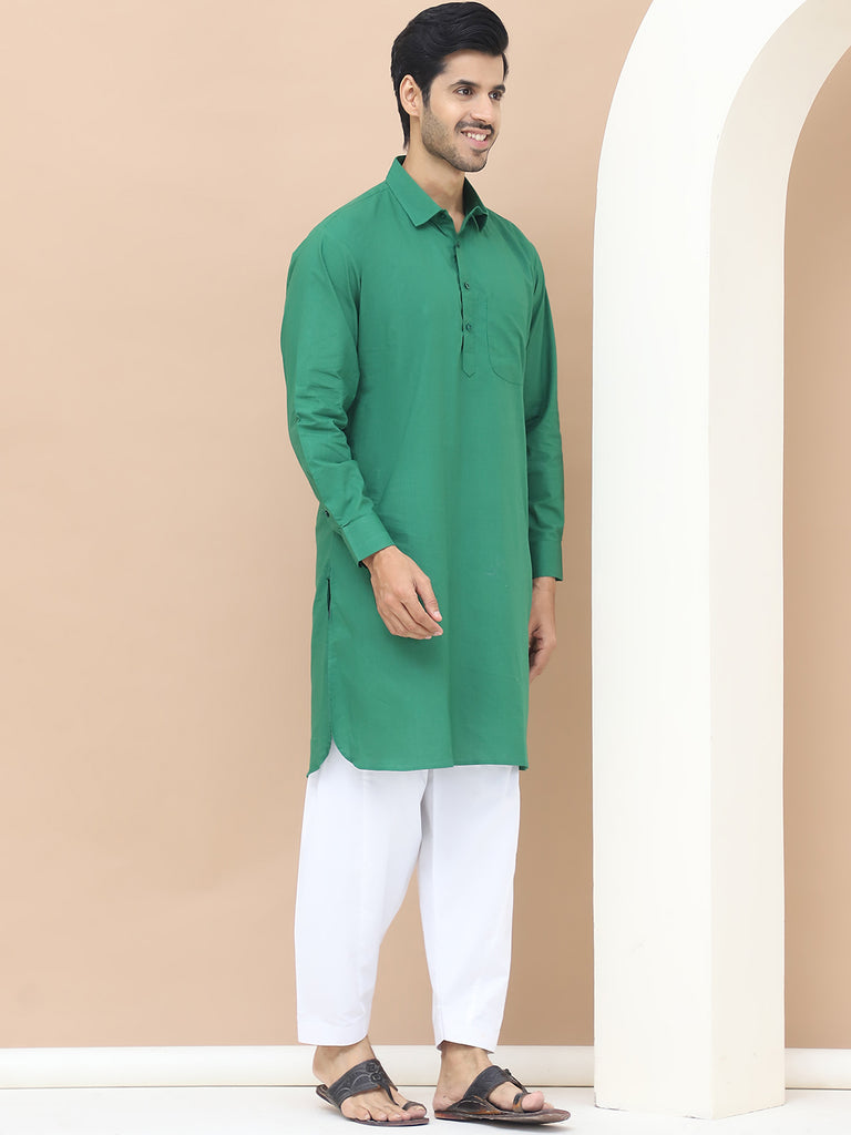 Men's  Green Cotton Solid Kurta Set