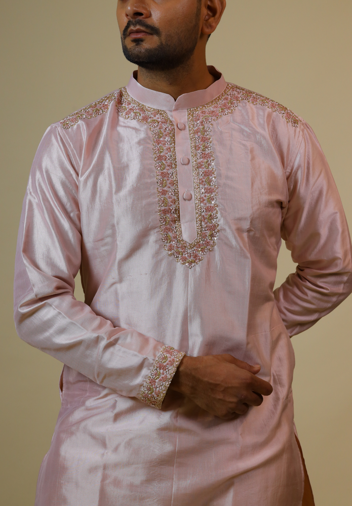 Men's Pink Color Light Coral Embroidered Collar Designer Kurta Dupion