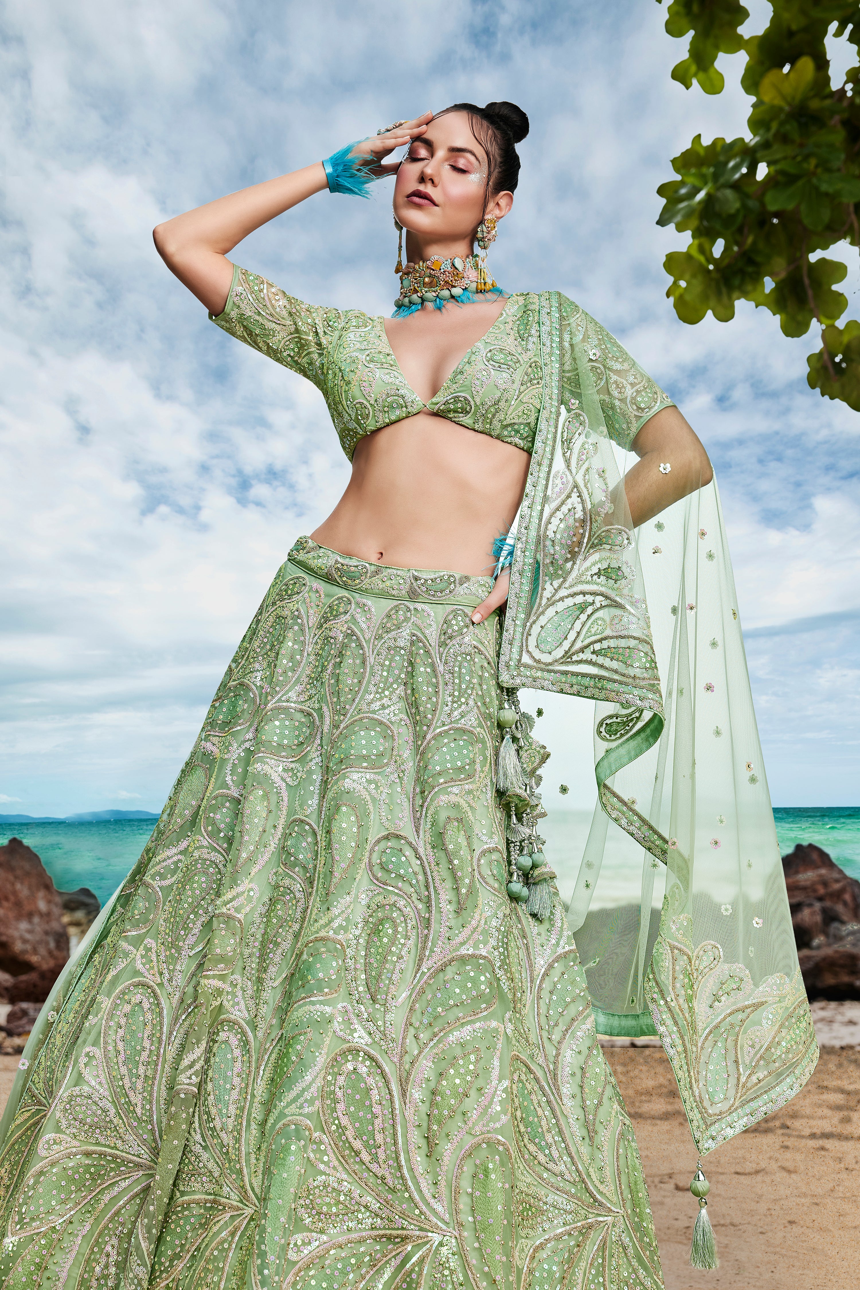 Women's Lime Green Net Multi Sequins With Heavy Zarkan Embroidery Ready To Wear  Lehenga Choli & Dupatta - Royal Dwells