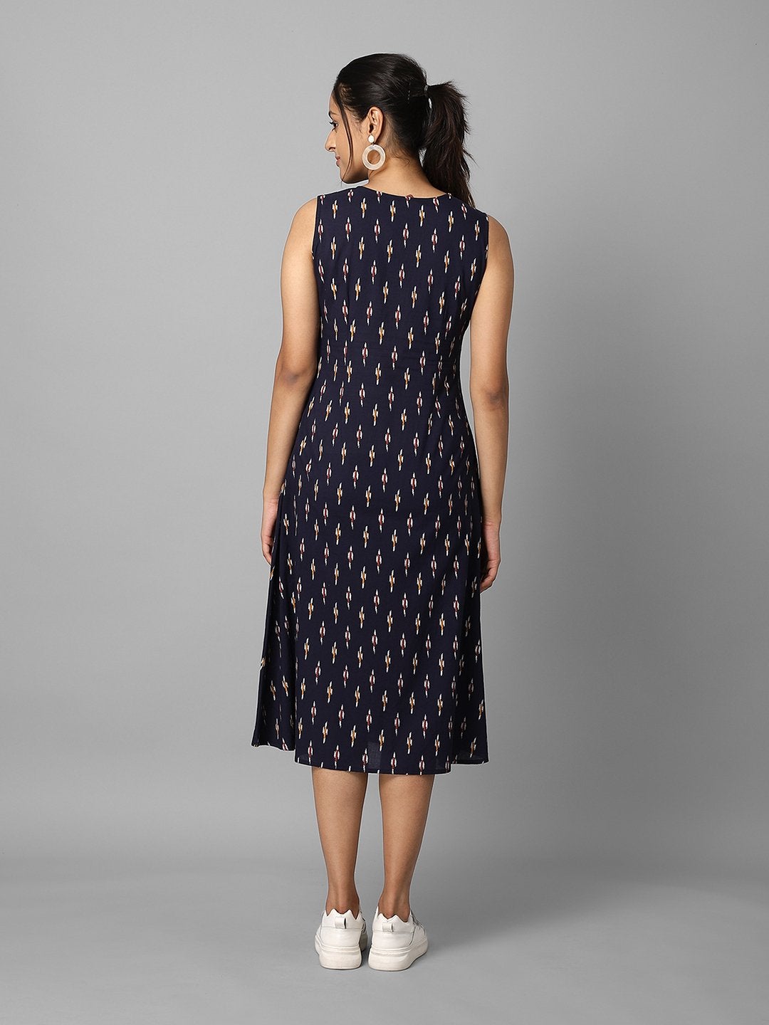 Women's Navy Blue Ikkat Printed A-Line Dress Having Pocket