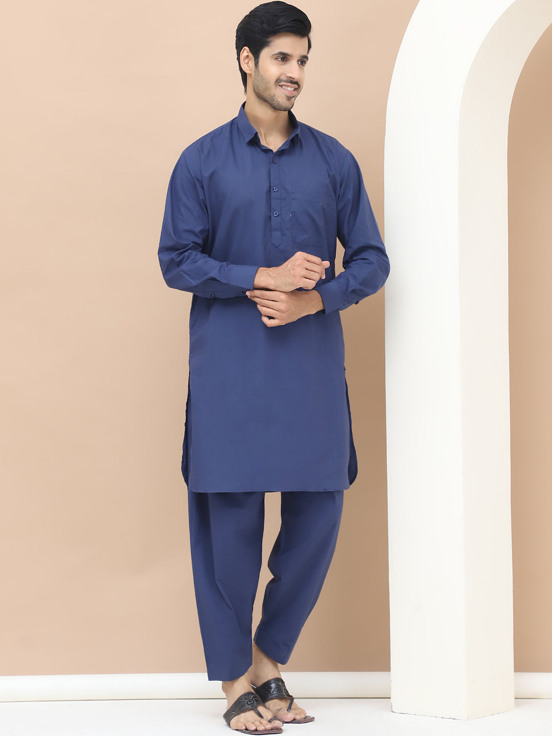 Men's  Blue Cotton Solid Kurta Set - Grage