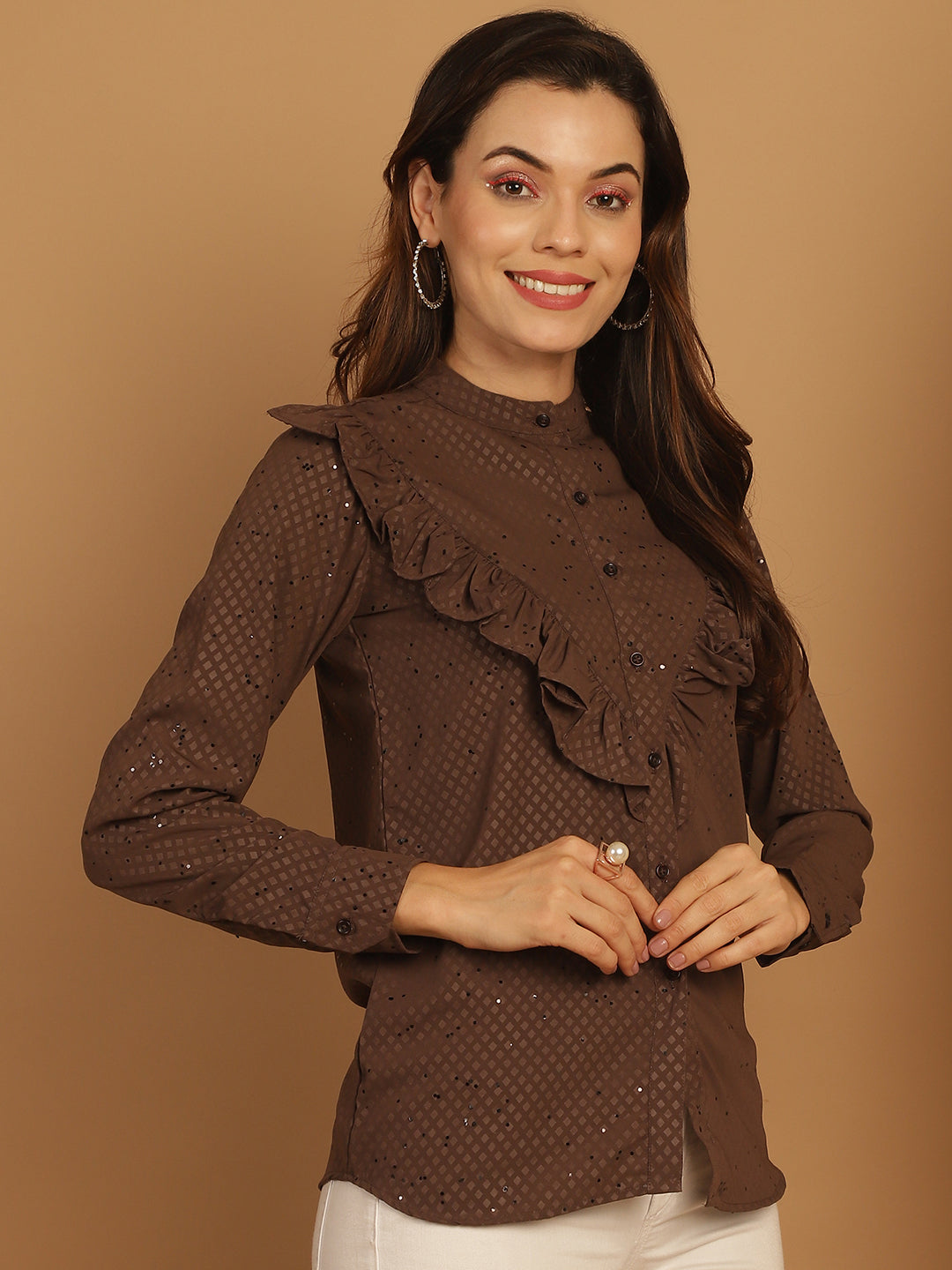 Women's Coffee Brown Woven Design Frill Top - Taantav