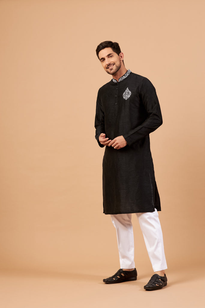Men's Black Coloramyr Traditional Embroidered Kurta Semi Raw Silk Mix