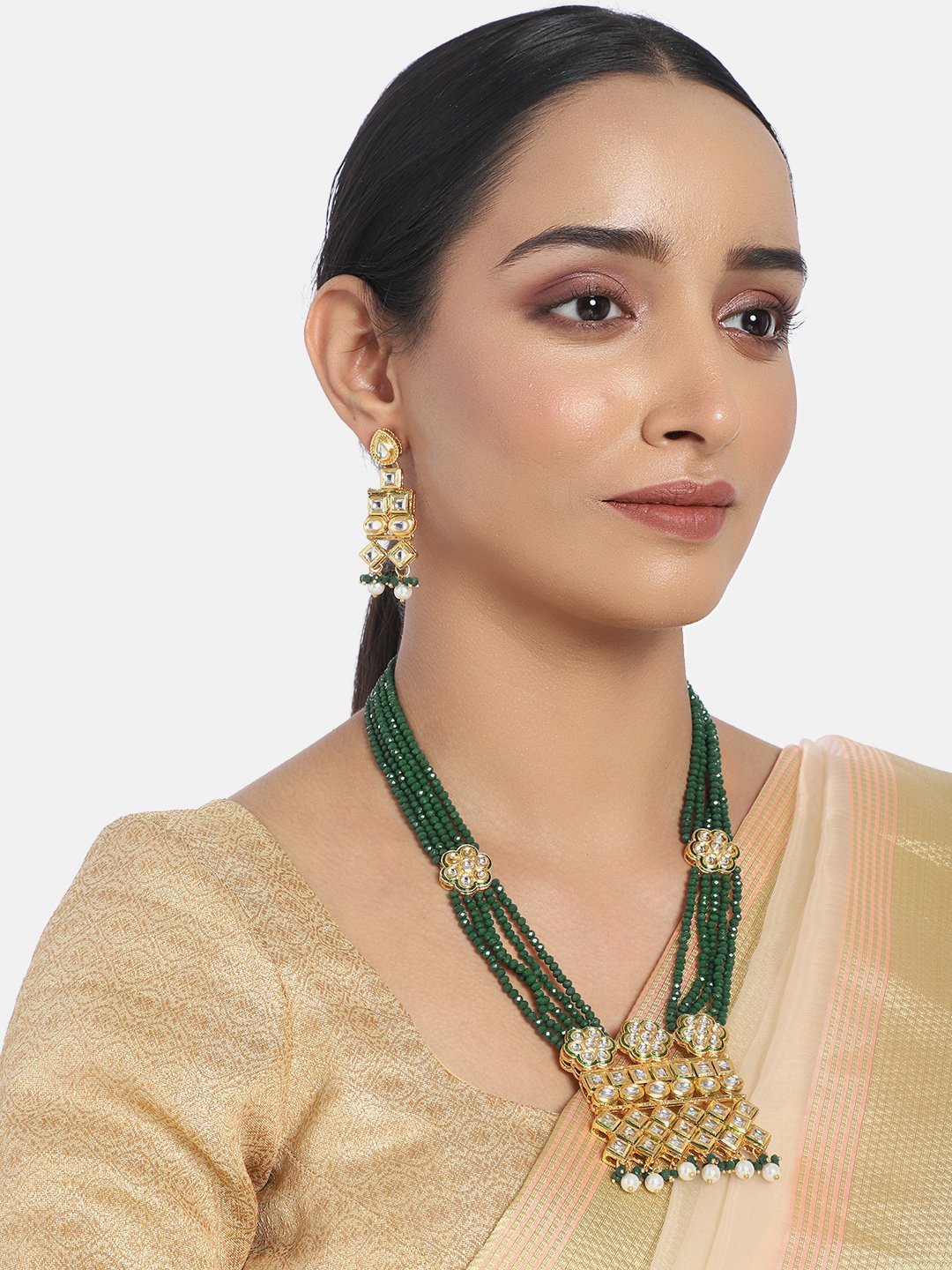 Women's Gold Plated Polki Kundan Brass Necklace Set With Earrings Emerald Crystal Onyx Long Mala