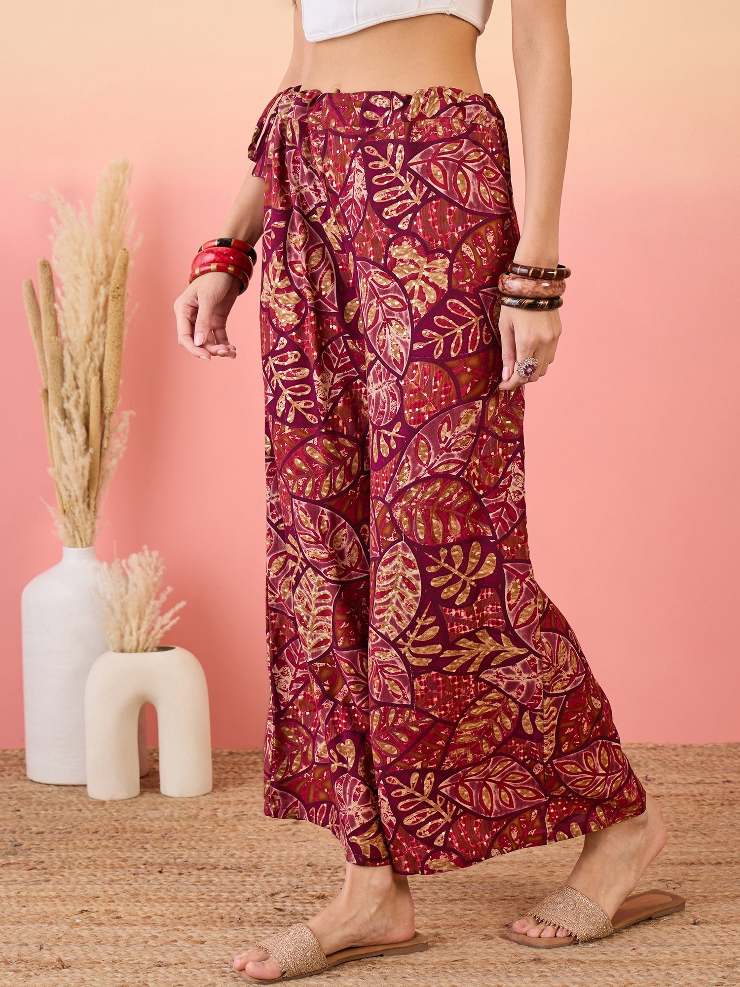 Women's Wine Maroon Leaf Print Foil Free Palazzo - InWeave