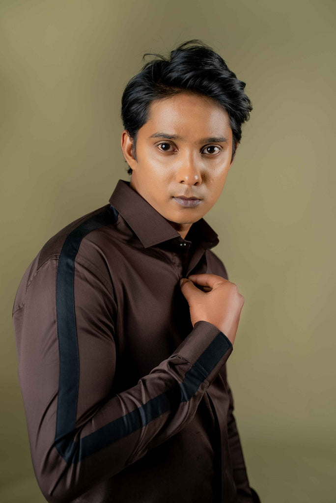 Men's Brown & Black Color Sleeve Strop Shirt Full Sleeves Casual Shirt