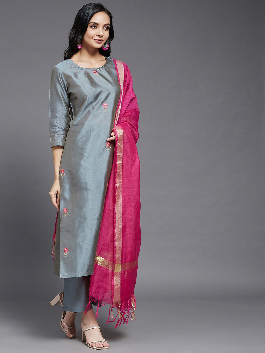 Women's Grey And Pink Embroidered Side Slit Straight Kurta With Palazzo And Dupatta Set