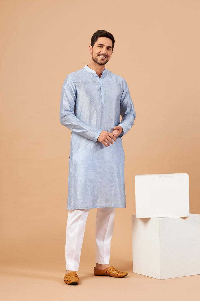 Men's Baby Blue Color Viva Dot Embroidered Kurta Semi Raw Silk Mix