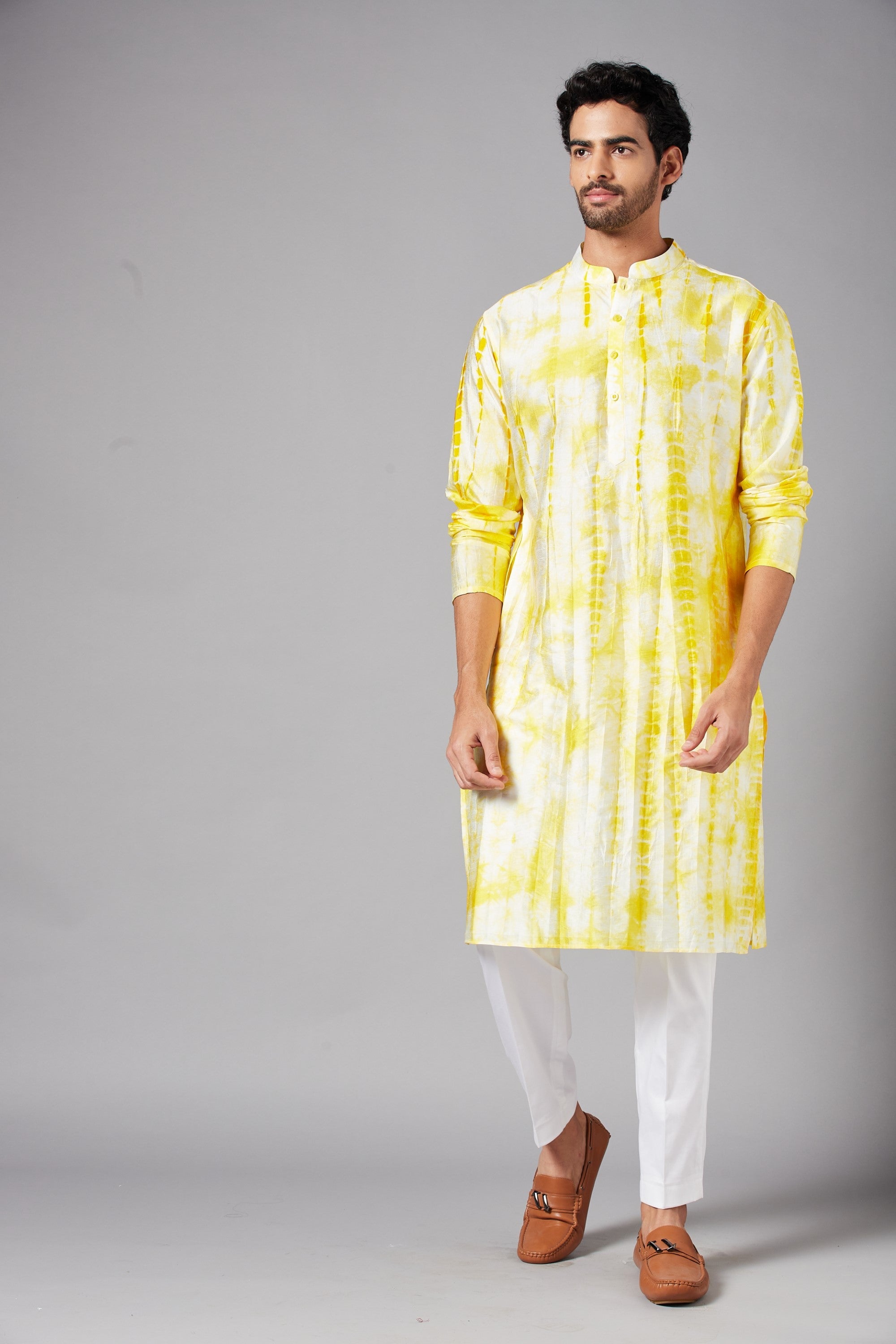 Men's Yellow & White Color Tintlo Yellow Tie & Die Kurta Semi Rawsilk Mix
