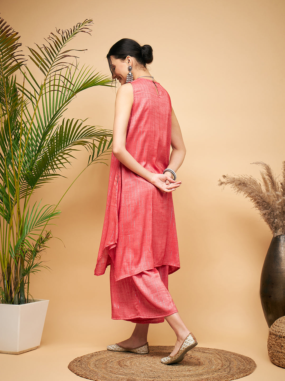 Women's Red Lurex Short Pallazo Kurta Set - InWeave