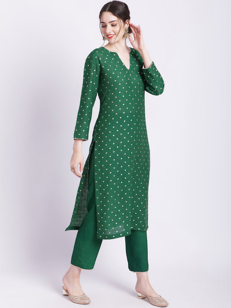 Women's Ethnic Green Banarasi Straight Kurti With Straight Pants