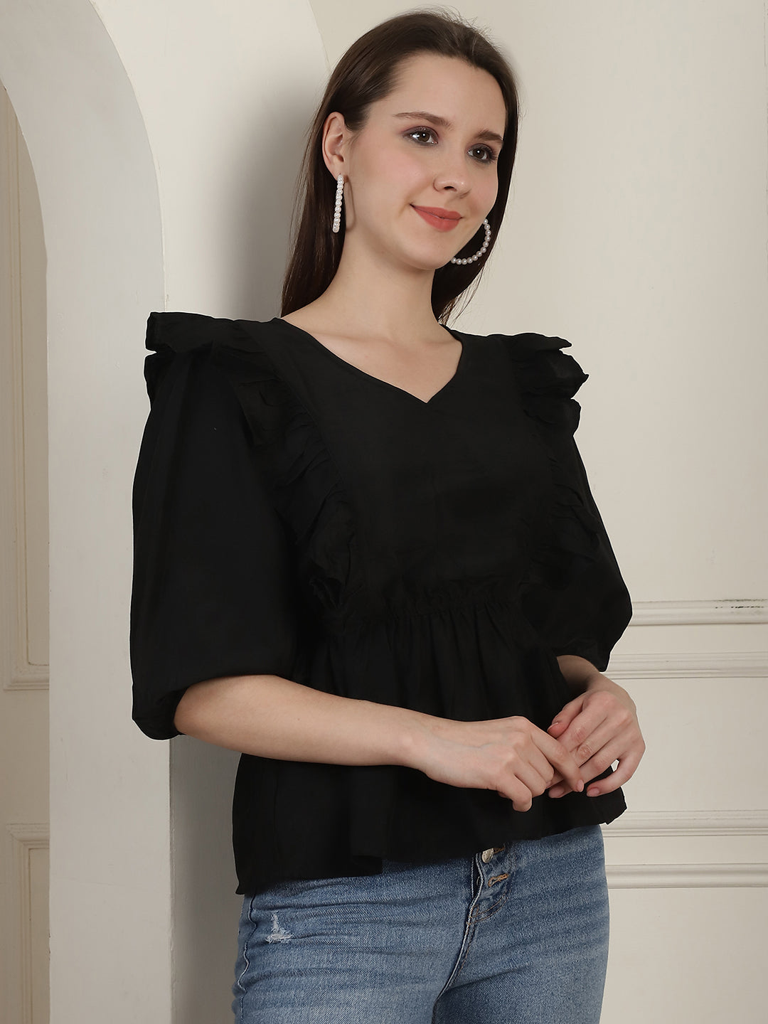 Women's Black Solid Women's Top With Frills - Taantav