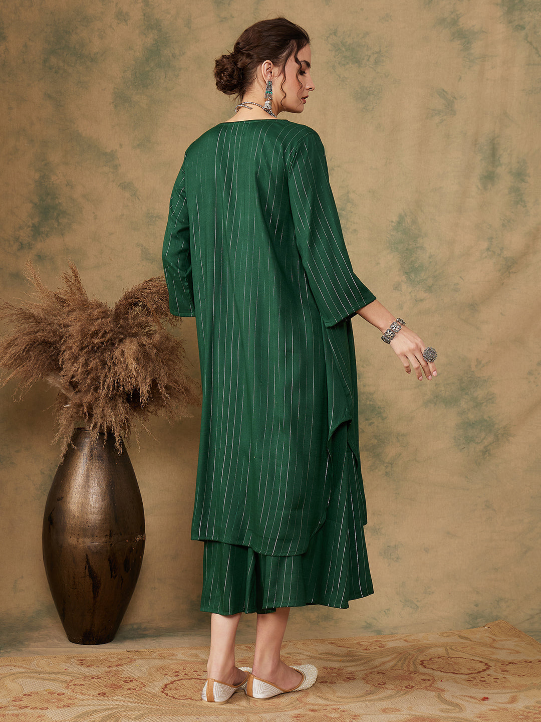 Women's Pine Green Lurex Flared V Neck Kurta Palazzo Set - InWeave