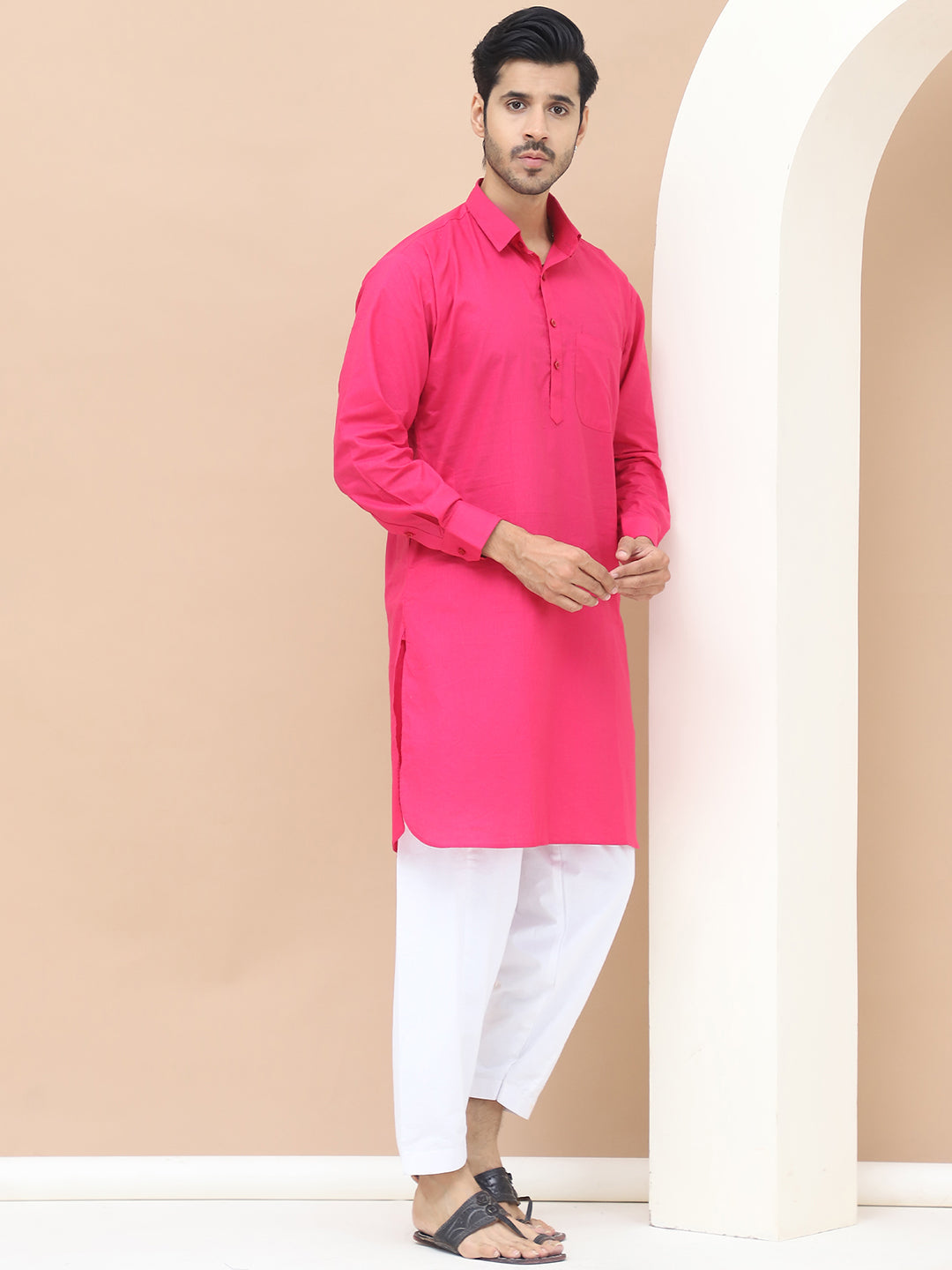 Men's  Pink Cotton Solid Kurta Set - Grage