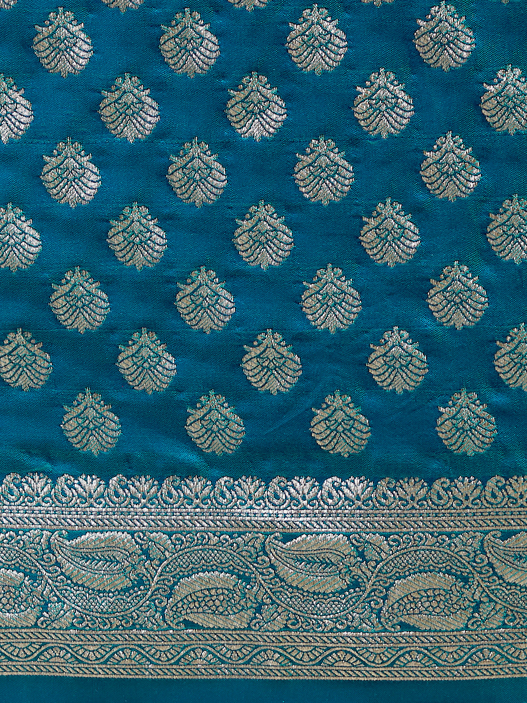Women's Teal & Gold Cotton Silk Paisley Zari With Beautiful Ethnic Motifs Banarasi Saree - Royal Dwells